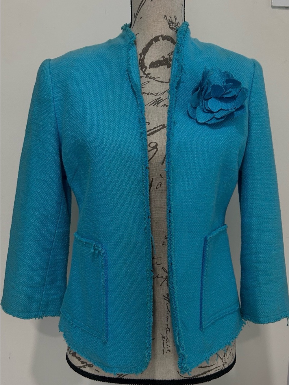 Old Navy Bright Turquoise Tweed Open Blazer with Flower Accent and Pockets M